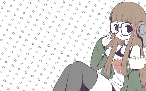 HD PC desktop wallpaper featuring Futaba Sakura from the video game Persona 5, showcasing her distinctive glasses, headphones, and casual outfit.