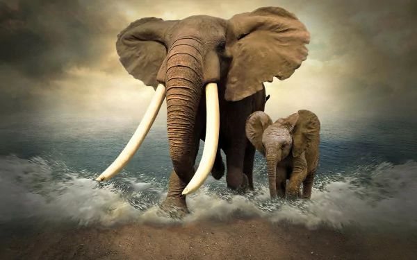 Artwork of a large and baby elephant walking out of the ocean waves, under a cloudy sky. This HD desktop wallpaper showcases an artistic, manipulated fantasy scene merging sea and elephants.