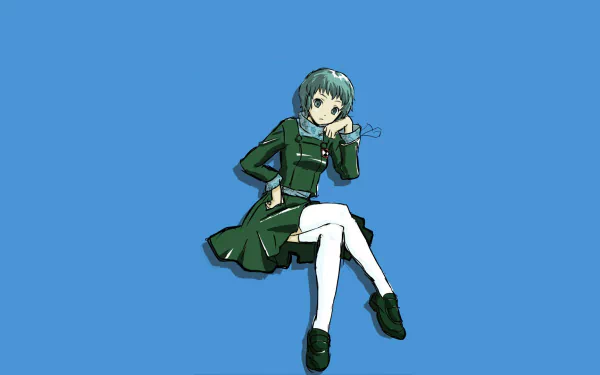 HD PC desktop wallpaper of Fuuka Yamagishi from the video game Persona 3, featuring her sitting against a solid blue background.