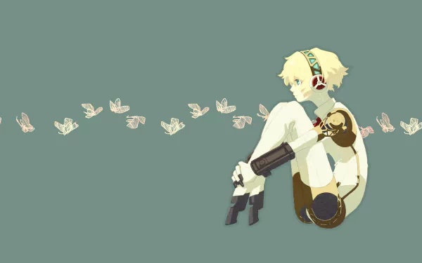 Aigis (Persona) from the video game Persona 3 sits holding a gun as stylized butterflies drift across a muted teal HD PC desktop wallpaper background.