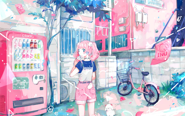 A vibrant HD desktop wallpaper featuring an anime character with pink hair in an urban setting with pink elements, including a vending machine and a bicycle. The background is colorful and creatively detailed.