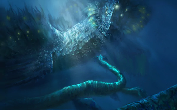 4K Ultra HD PC desktop wallpaper/background: an underwater fantasy sea monster creature glowing with bioluminescent fins and long tentacle-like limbs drifting through deep blue depths.