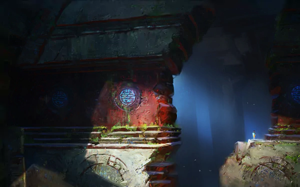 A dark fantasy HD wallpaper showing an adventurer inside an ancient cave ruin illuminated by sunlight, featuring mysterious symbols on crumbling walls.
