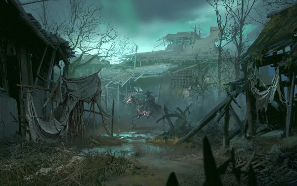 Fantasy Dark Skeleton Horse Village Abandoned HD Wallpaper | Background Image