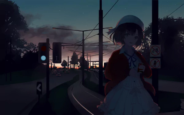 HD PC wallpaper featuring Megumi Katō from the anime Saekano: How to Raise a Boring Girlfriend, set against a moody sunset with urban street elements.