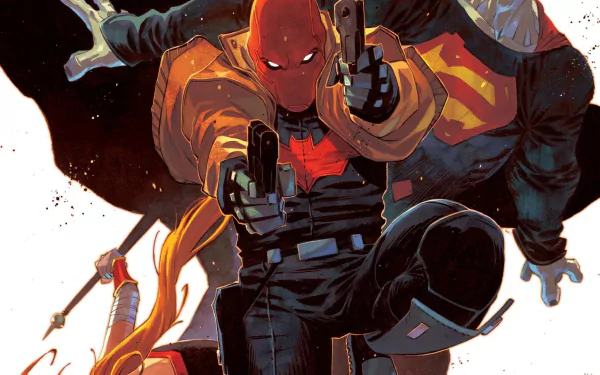 HD PC desktop wallpaper: Red Hood (comic, Red Hood and the Outlaws) in a red helmet and jacket, dual-wielding pistols in a dynamic leap against a dark, splattered background.