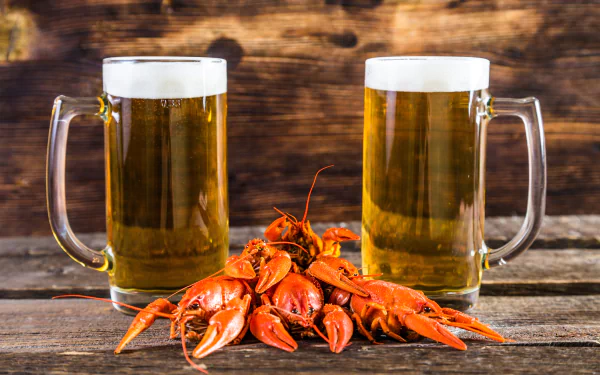 Two frosty beer mugs flank a pile of bright red crayfish on a rustic wooden surface, captured in vivid 4K Ultra HD for a rich food and drink desktop background.