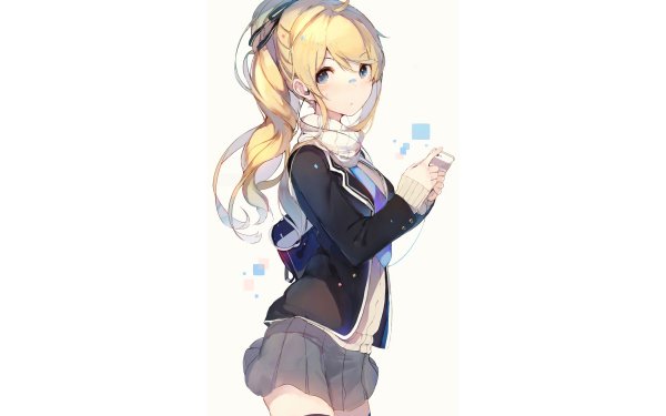 Anime Original Blonde Phone School Uniform Ponytail Blue Eyes Scarf Thigh Highs HD Wallpaper | Background Image