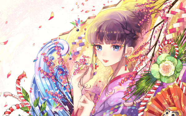 Anime Girl Kimono Flower Doll Blue Eyes Festival HD Wallpaper | Background Image
