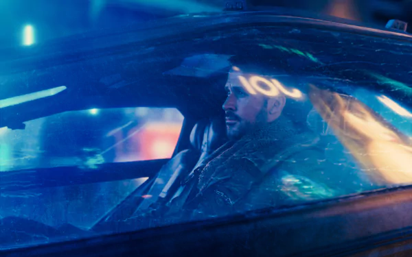Ryan Gosling as a character from the movie Blade Runner 2049, sitting inside a futuristic car, with vibrant city lights reflecting on the window.