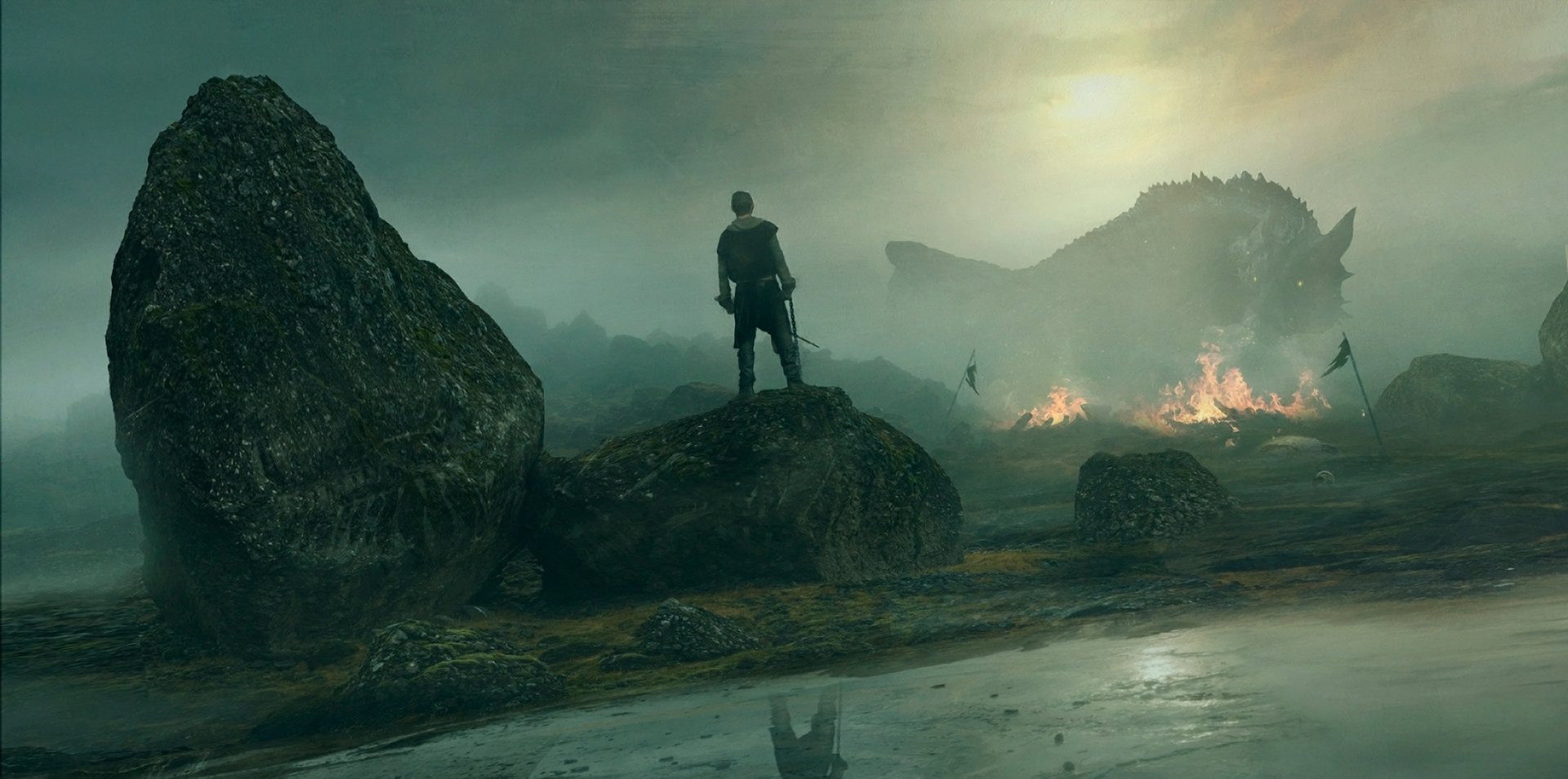 A fantasy warrior stands on a rocky terrain, facing a distant, flaming dragon. The scene is enveloped in a misty, dim atmosphere. HD desktop wallpaper.