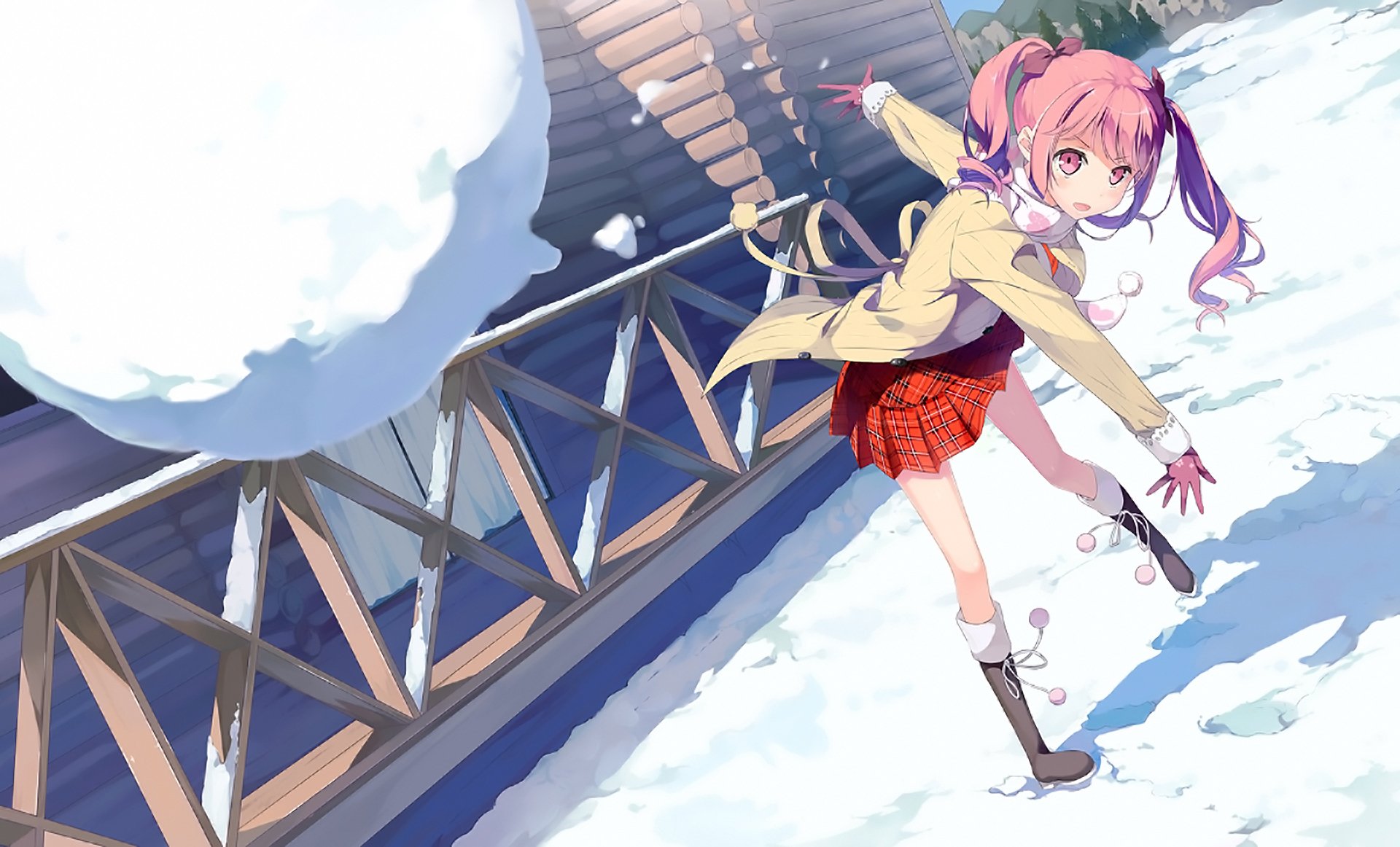 HD PC anime wallpaper: 5 Nenme no Houkago original of a pink-twintailed girl in gloves, yellow coat and red skirt playfully throwing a snowball on a snowy bridge.