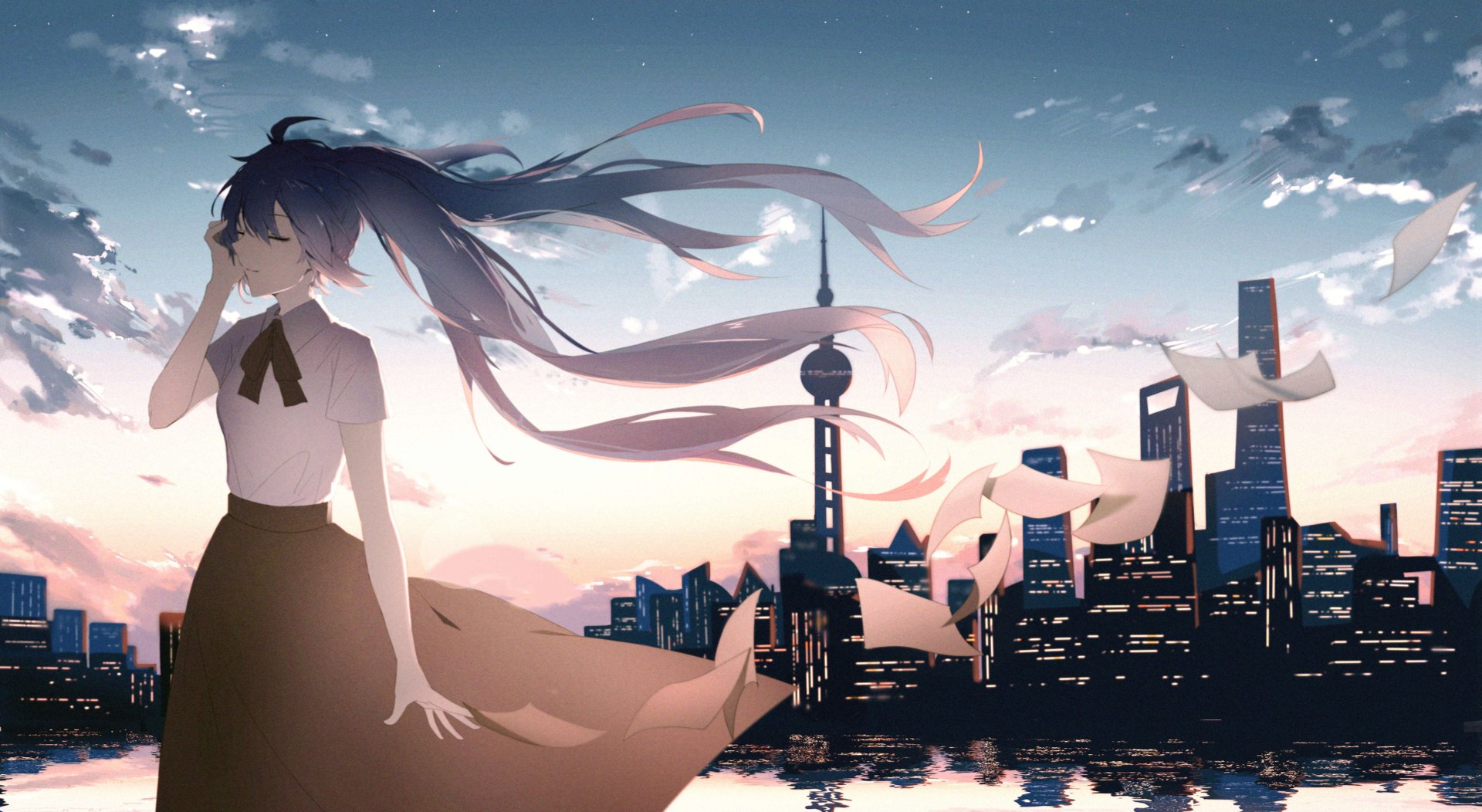 A 4K Ultra HD anime-style wallpaper featuring Hatsune Miku overlooking a city skyline at sunset, with papers floating in the breeze, inspired by Vocaloid.