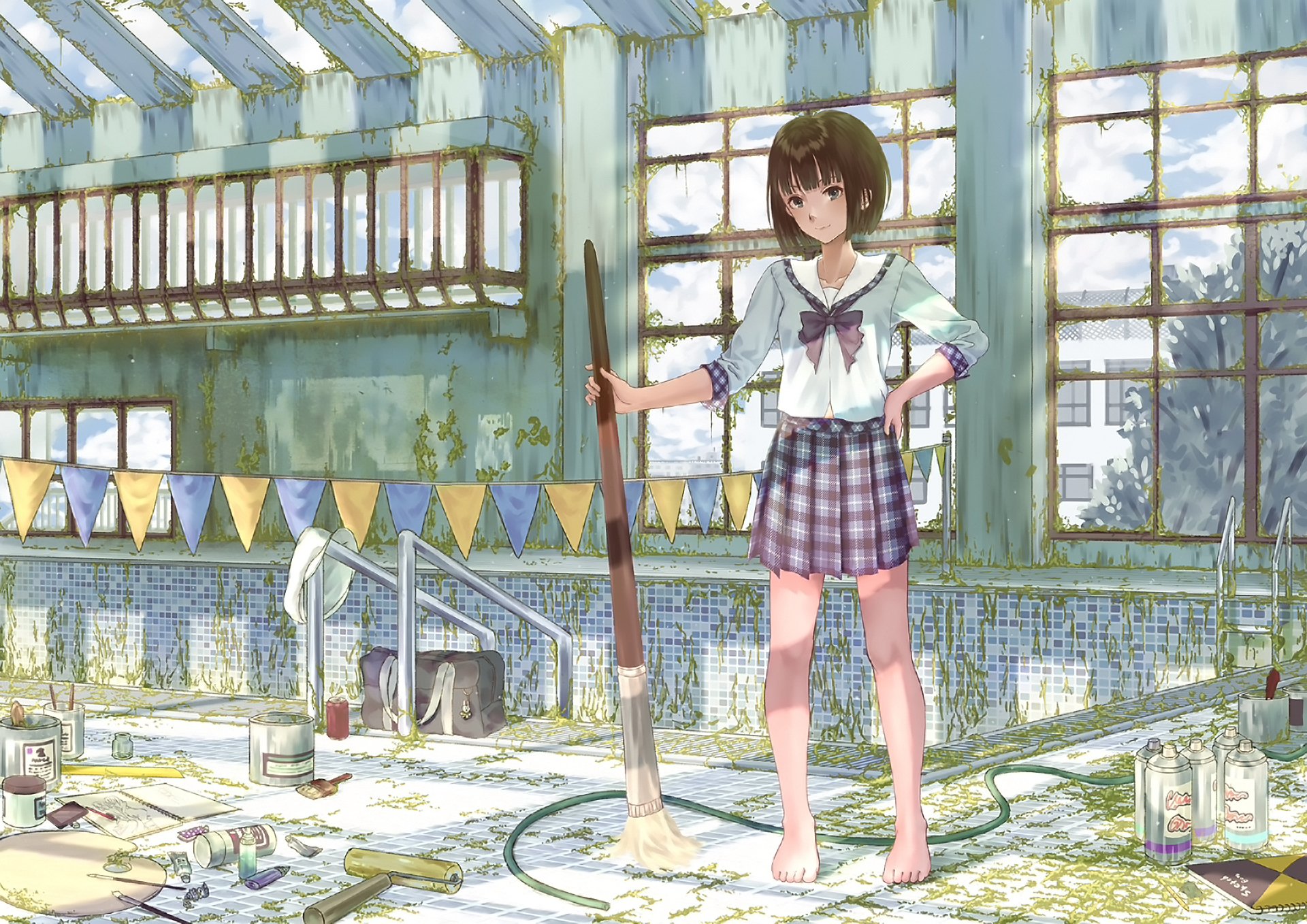 HD PC desktop wallpaper: anime original of a short-haired schoolgirl in a plaid skirt and uniform, standing barefoot with a broom in a sunlit, dilapidated school interior.
