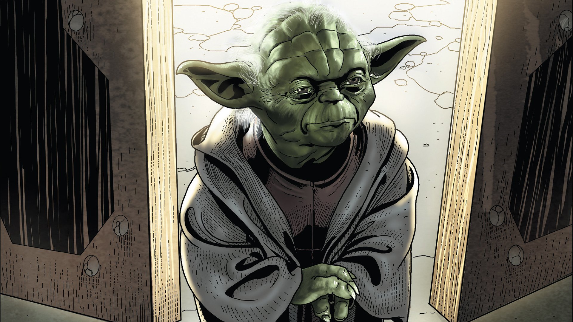 HD comic-style Star Wars wallpaper featuring Jedi Master Yoda standing in a dimly lit corridor, rendered with detailed shading and vibrant colors.