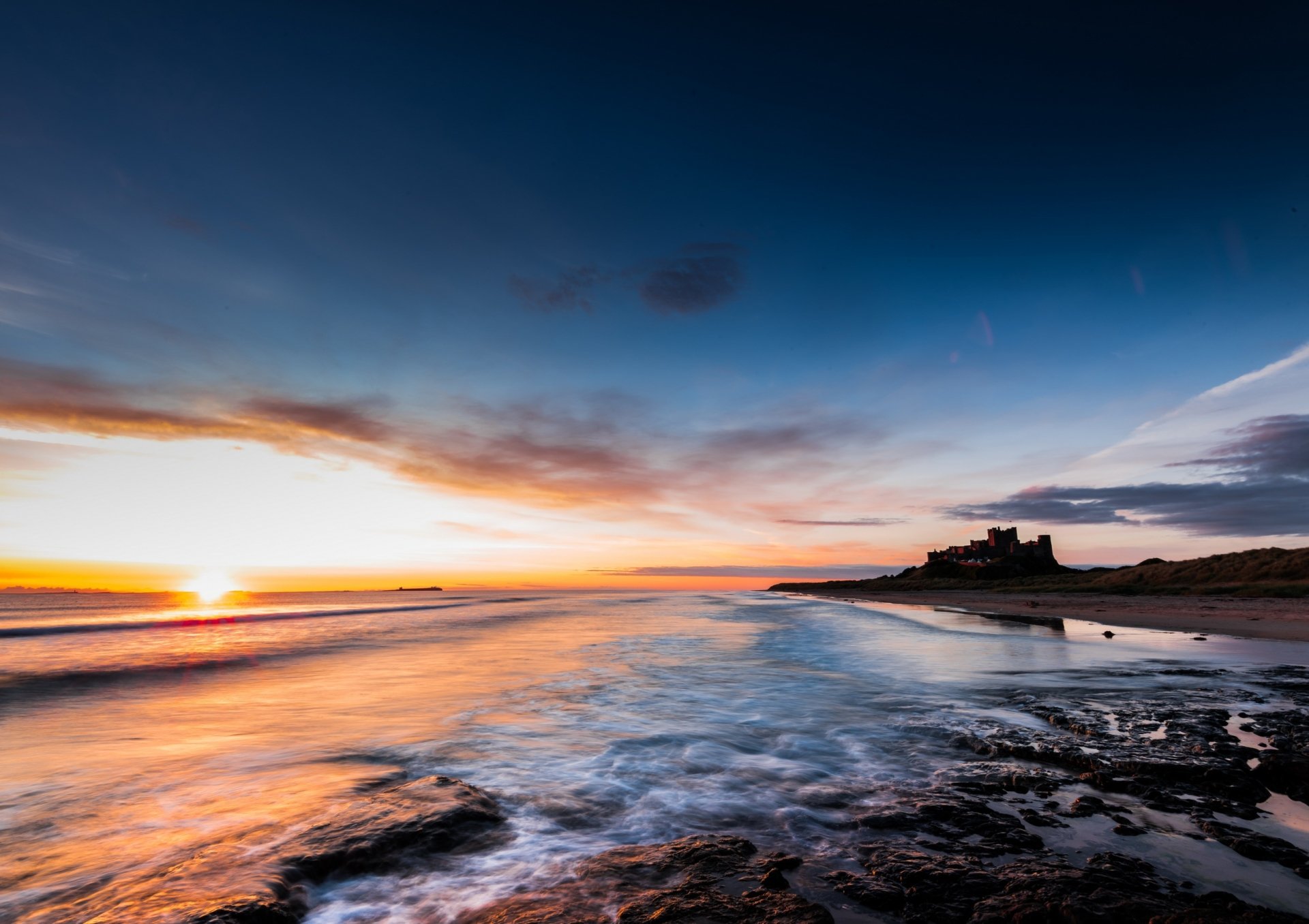 Download Sky Ocean Horizon Sunset England Castle Man Made Bamburgh Castle HD Wallpaper