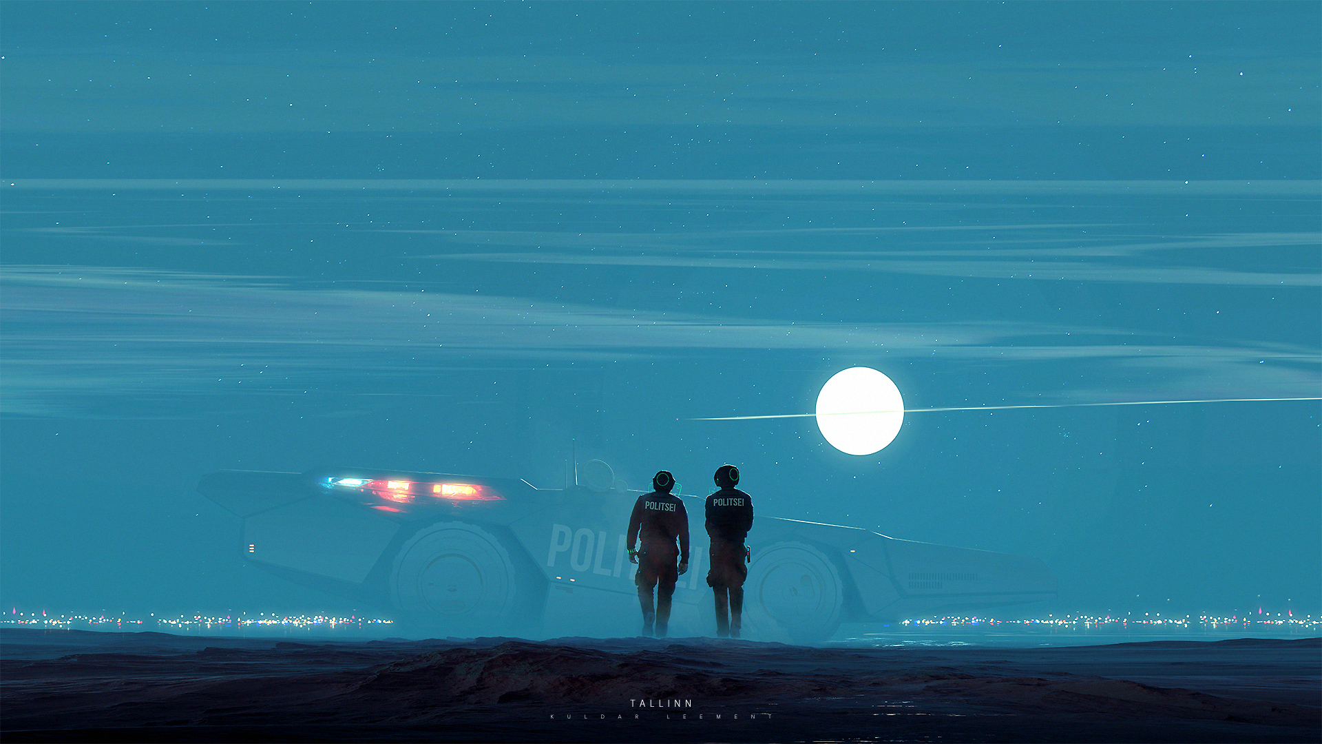 A sci-fi police vehicle under a glowing full moon at night, with two figures standing nearby, set against a deep blue sky in HD quality.