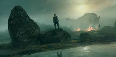 A fantasy warrior stands on a rocky terrain, facing a distant, flaming dragon. The scene is enveloped in a misty, dim atmosphere. HD desktop wallpaper.