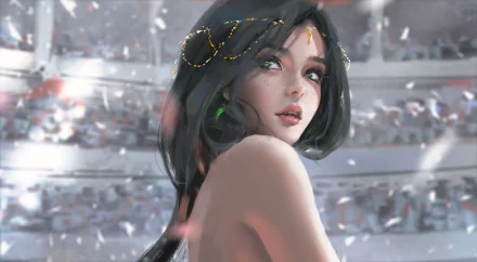 HD desktop wallpaper from the comic GhostBlade, featuring an ethereal woman with long black hair adorned with beads, standing in a softly lit, atmospheric setting.