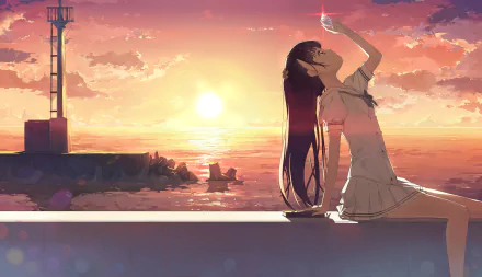 Original anime HD wallpaper: long-haired schoolgirl in uniform sits on a seawall at sunset, gazing at the sky and clouds over the sea.