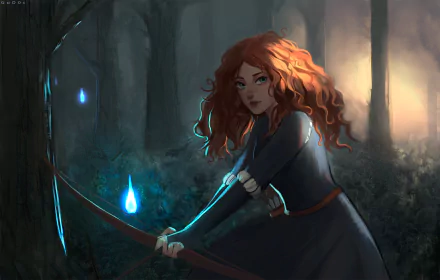 A vibrant HD wallpaper featuring Merida from the movie Brave, showcasing her striking red hair and blue eyes as she prepares to shoot her bow in a mystical forest setting.