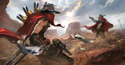 HD desktop wallpaper featuring a dynamic crossover scene between Jhin from League of Legends and McCree from Overwatch in a duel, set in an arid, Western-themed landscape.