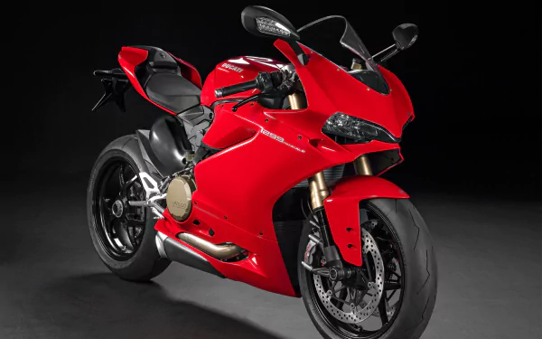 HD desktop wallpaper featuring a red Ducati 1299 motorcycle, showcasing its sleek design and dynamic presence against a dark background.