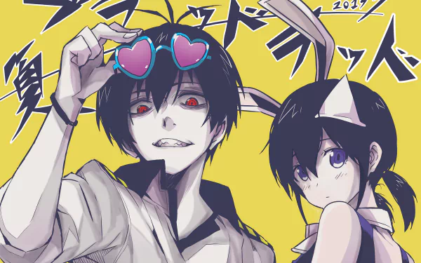 Anime HD desktop wallpaper featuring Yanagi Fuyumi and Staz Charlie Blood from Blood Lad, with bunny ears and heart-shaped sunglasses against a vibrant yellow background.