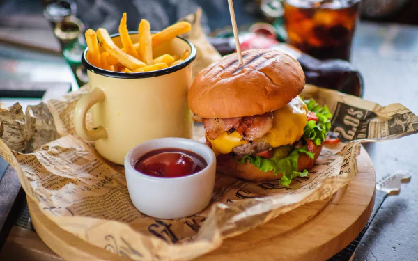 HD desktop wallpaper featuring a cheeseburger with bacon, a cup of French fries, and a small dish of ketchup on a wooden tray with a drink in the background.