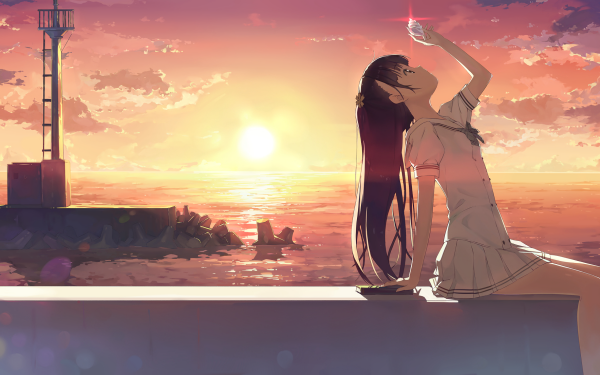 Anime Original Long Hair Schoolgirl School Uniform Sunset Sea Cloud Sky HD Wallpaper | Background Image