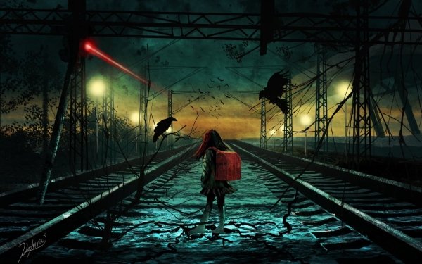 Anime Original Train Station Railroad Crow Light Night Dark Creepy Bag Schoolgirl HD Wallpaper | Background Image
