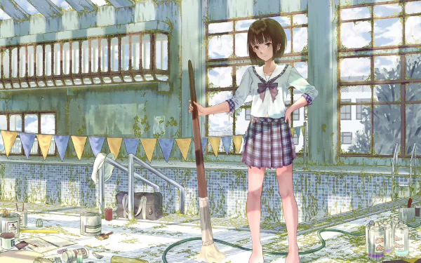 HD PC desktop wallpaper: anime original of a short-haired schoolgirl in a plaid skirt and uniform, standing barefoot with a broom in a sunlit, dilapidated school interior.