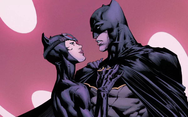 HD desktop wallpaper featuring Batman and Catwoman from DC Comics in a dramatic pose against a pink background.