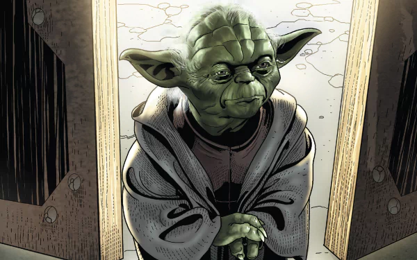 HD comic-style Star Wars wallpaper featuring Jedi Master Yoda standing in a dimly lit corridor, rendered with detailed shading and vibrant colors.