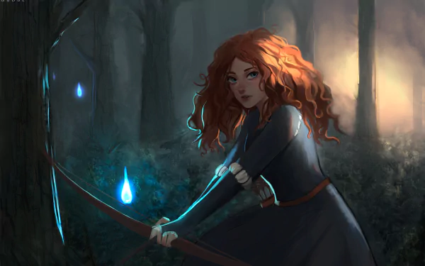 A vibrant HD wallpaper featuring Merida from the movie Brave, showcasing her striking red hair and blue eyes as she prepares to shoot her bow in a mystical forest setting.