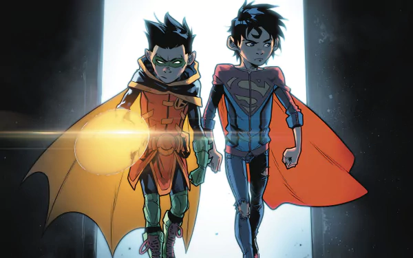 HD desktop wallpaper featuring Damian Wayne as Robin and Jon Kent as Superboy from DC Comics' Super-Sons.