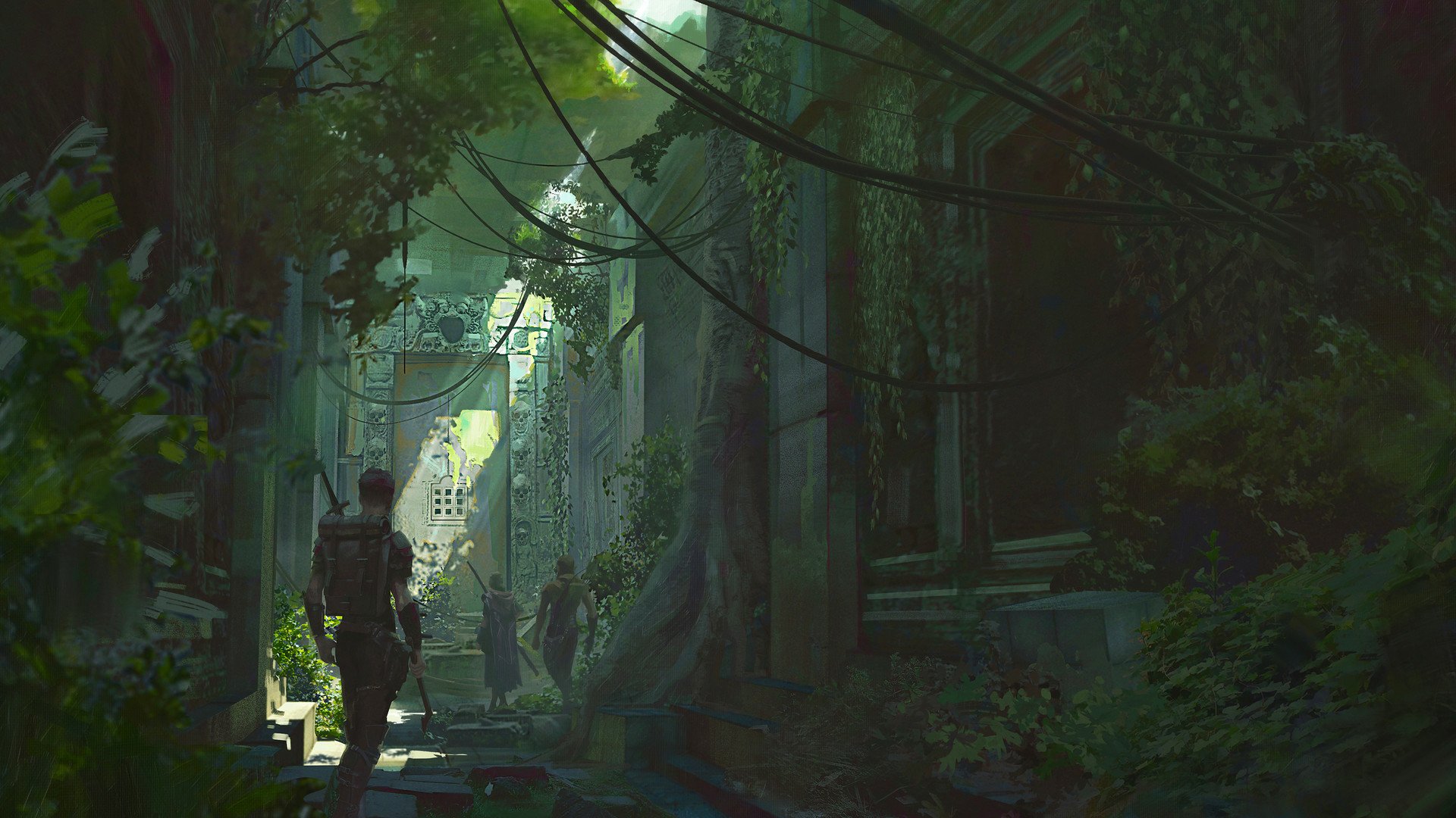 A lone adventurer explores ancient, overgrown ruins in a dense forest, evoking a mysterious fantasy adventure scene on a HD PC desktop wallpaper.