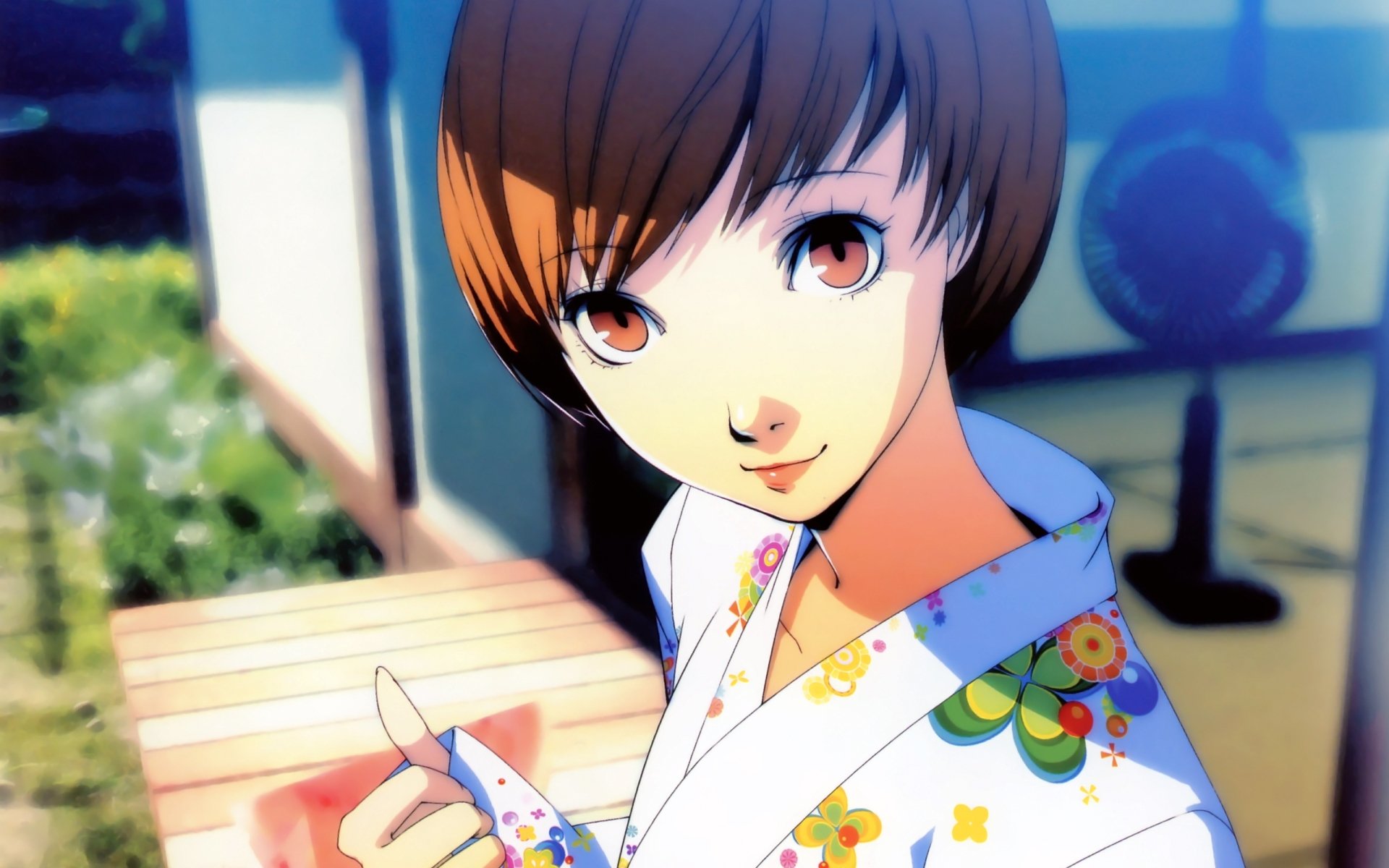 HD PC desktop wallpaper featuring a vibrant illustration from Persona 4 Golden, showcasing a character from the Persona 4 video game series in a colorful outfit.
