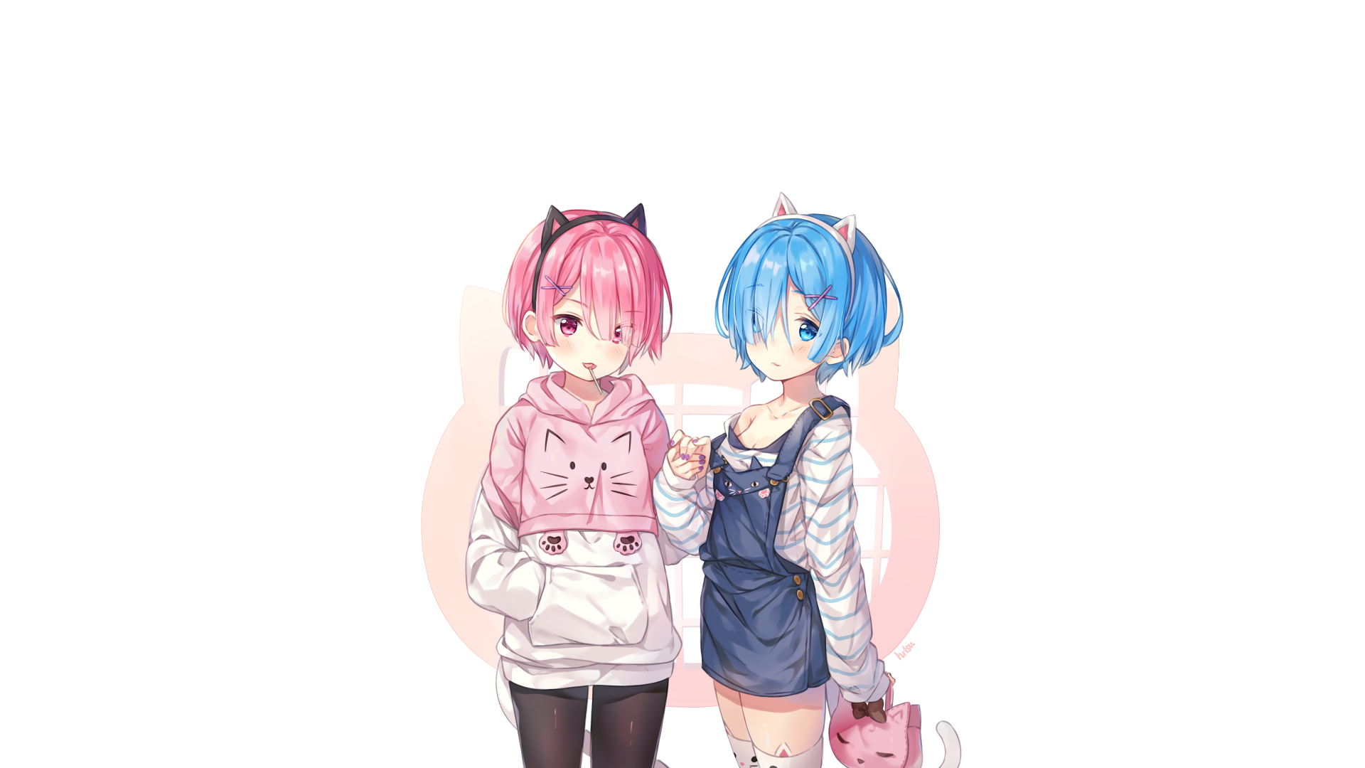 HD PC desktop wallpaper featuring Ram and Rem from the anime Re:Zero - Starting Life in Another World, depicted in casual cat-themed outfits.