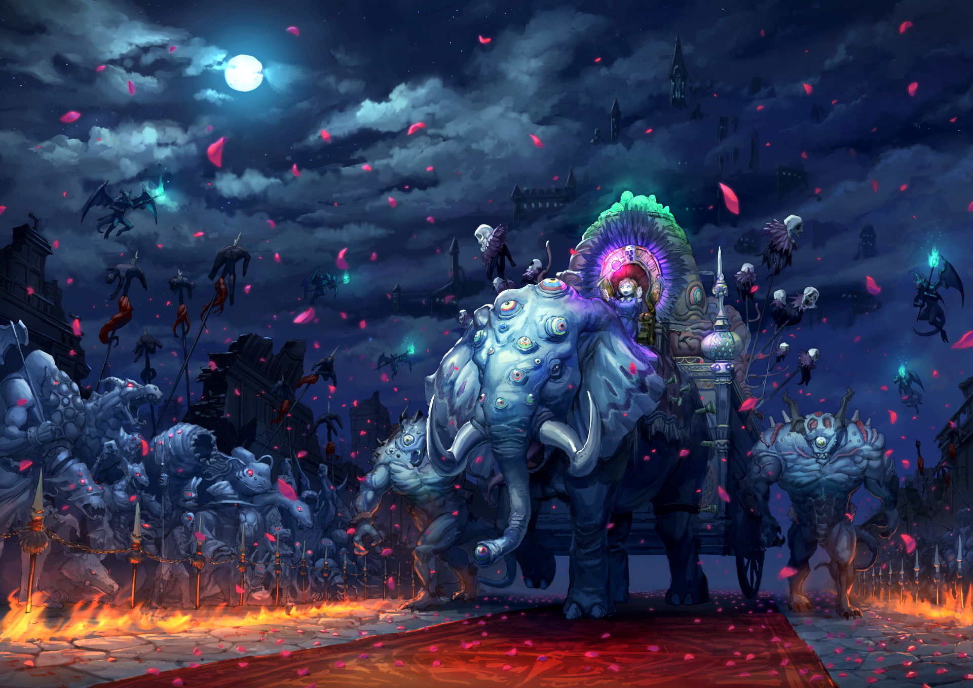 A high-definition anime wallpaper featuring a giant, elaborately adorned elephant under a night sky with a full moon, surrounded by mysterious creatures and falling petals.