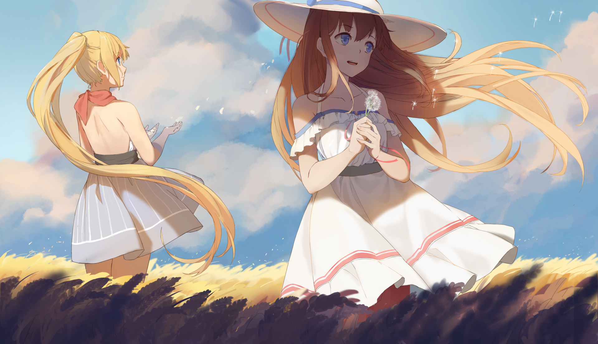 2K Quad HD PC desktop wallpaper/background of Taihou and Kongou (Warship Girls) — anime scene of two girls in white sundresses standing in a sunlit field beneath a blue sky.