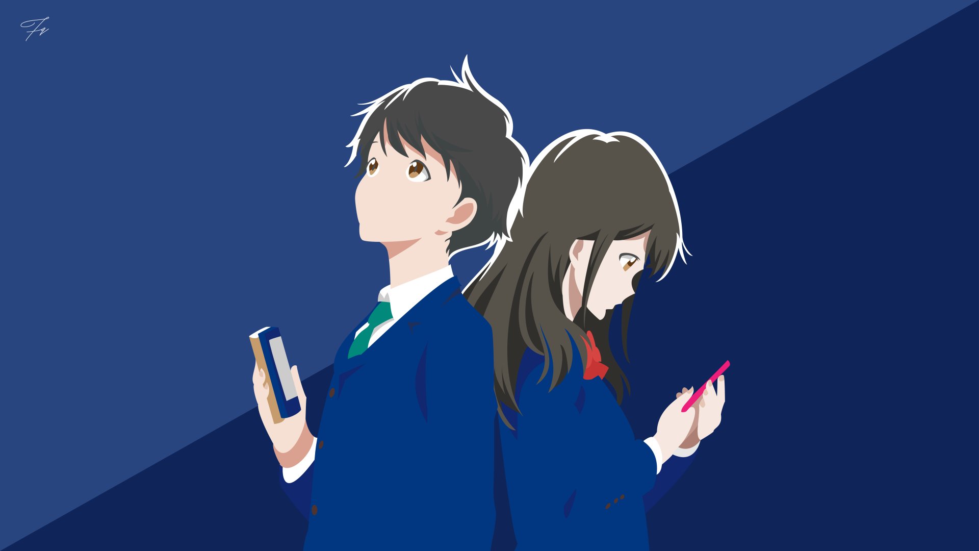 HD desktop wallpaper featuring Kotarō Azumi and Akane Mizuno from the anime Tsuki ga Kirei, showcasing the characters back-to-back, engrossed in their phones against a blue background.