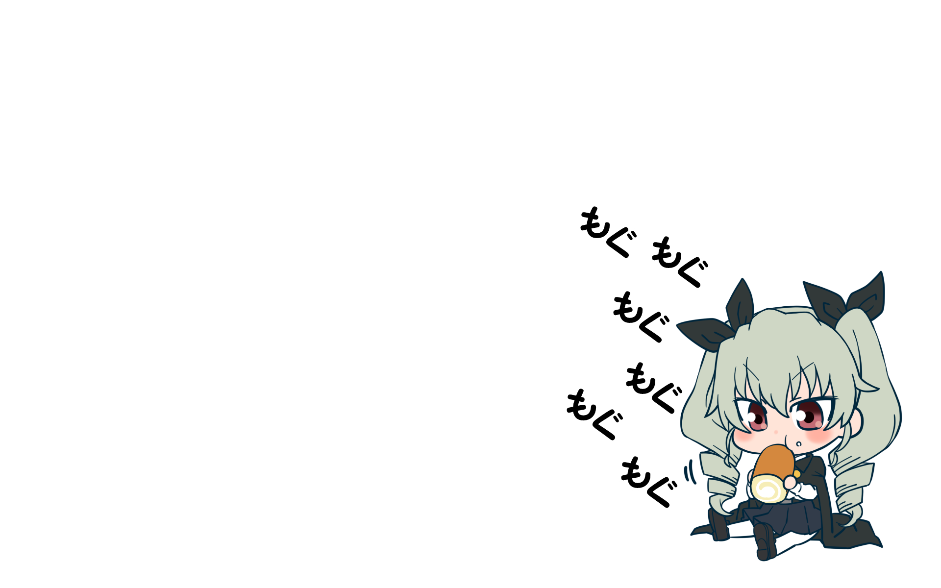 Anchovy (Girls und Panzer) chibi in anime style, munching a bun in the lower-right of an HD PC desktop wallpaper/background with white space and もぐもぐ sound effects.