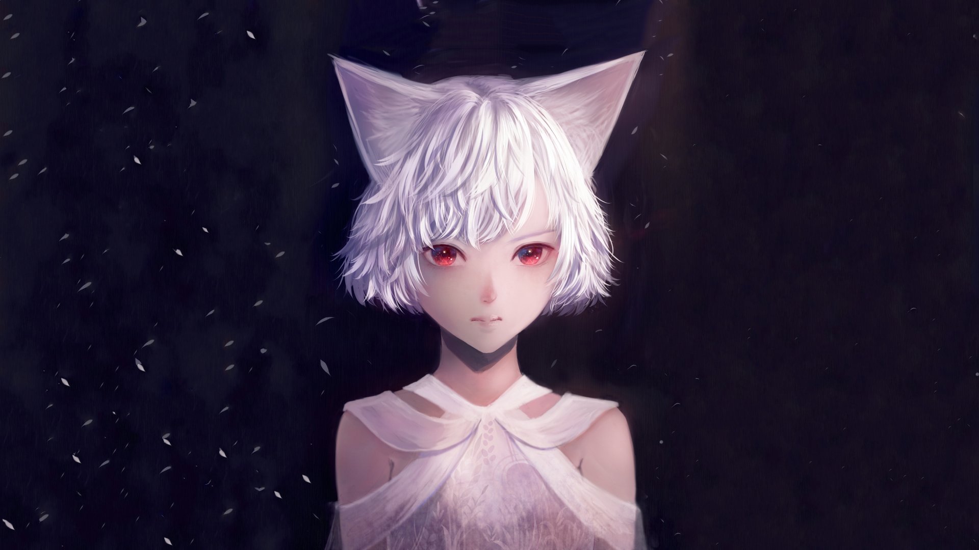 Anime-style original HD desktop wallpaper featuring a character with short white hair, red eyes, and nekomimi ears against a dark background.