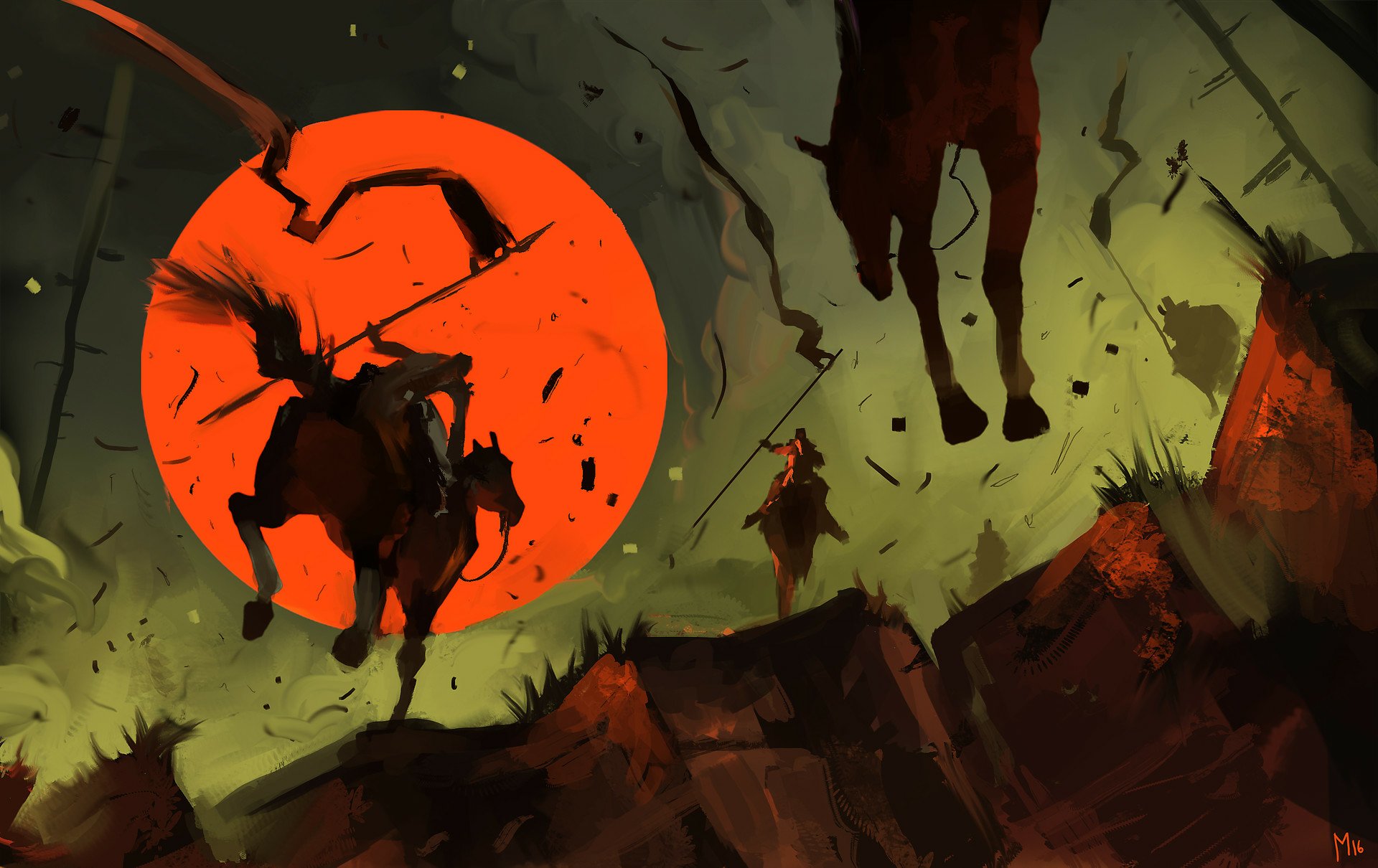 HD desktop wallpaper featuring a fantasy warrior on horseback against a massive red moon, with a dynamic and mystical backdrop.