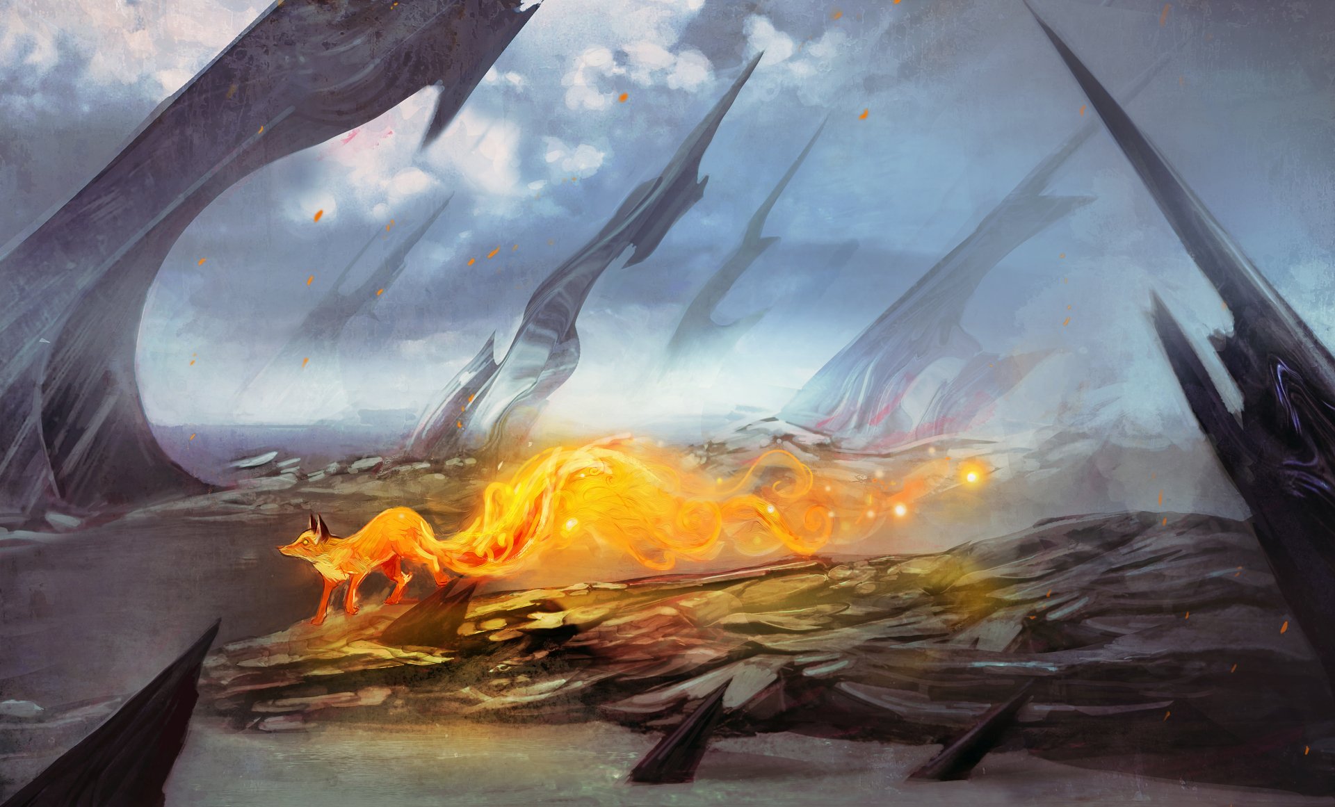 A high-definition fantasy wallpaper depicting a flaming fox in a surreal, otherworldly landscape with jagged spires and a moody sky.