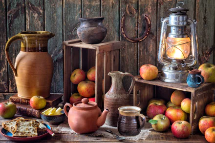 A 4K Ultra HD still life photography featuring a teapot, vase, lantern, and apples arranged on rustic wooden crates and surfaces as a PC desktop wallpaper.
