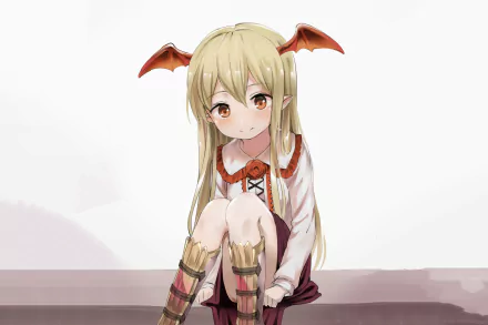 2K Quad HD Rage of Bahamut PC wallpaper: blonde anime girl with small bat-wing hair ornaments, sitting curled on a ledge in a school-style outfit.