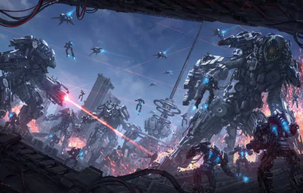 Futuristic sci-fi battle scene with towering robots and creatures, laser blasts, and drones in an intense clash, set against a high-definition background for desktop wallpaper.