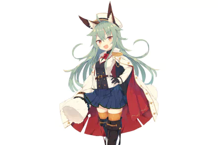 Anime girl with green hair and nekomimi ears wearing a uniform, thigh highs, and a coat, designed as an HD PC desktop wallpaper and background.
